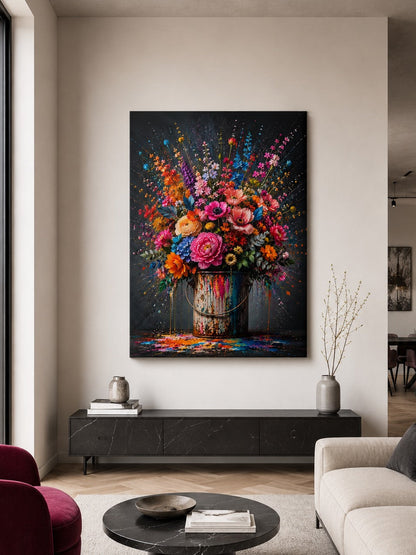 Décoration murale florale contemporaine avec fleurs multicolores dans un pot de peinture

