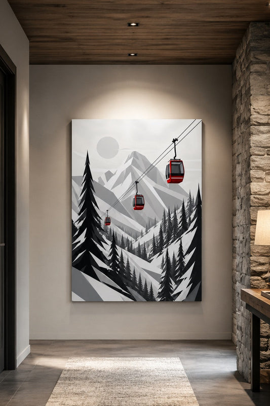 Décoration murale montagne graphique avec sommets enneigés, sapins noirs et remontées mécaniques
