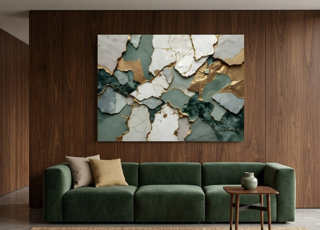 Tableau vert et doré Fragments Précieux présenté dans un intérieur contemporain
