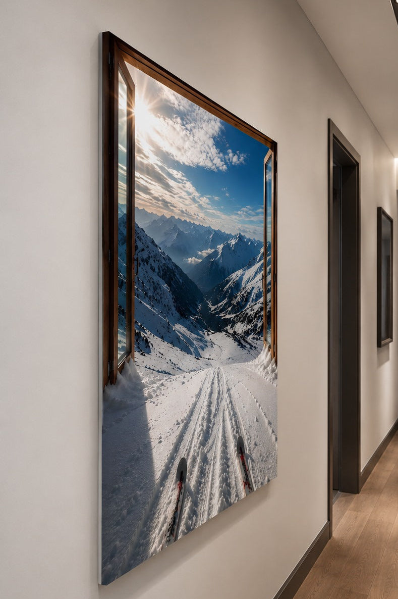 Illusion murale immersive avec skis, neige et sommets alpins
