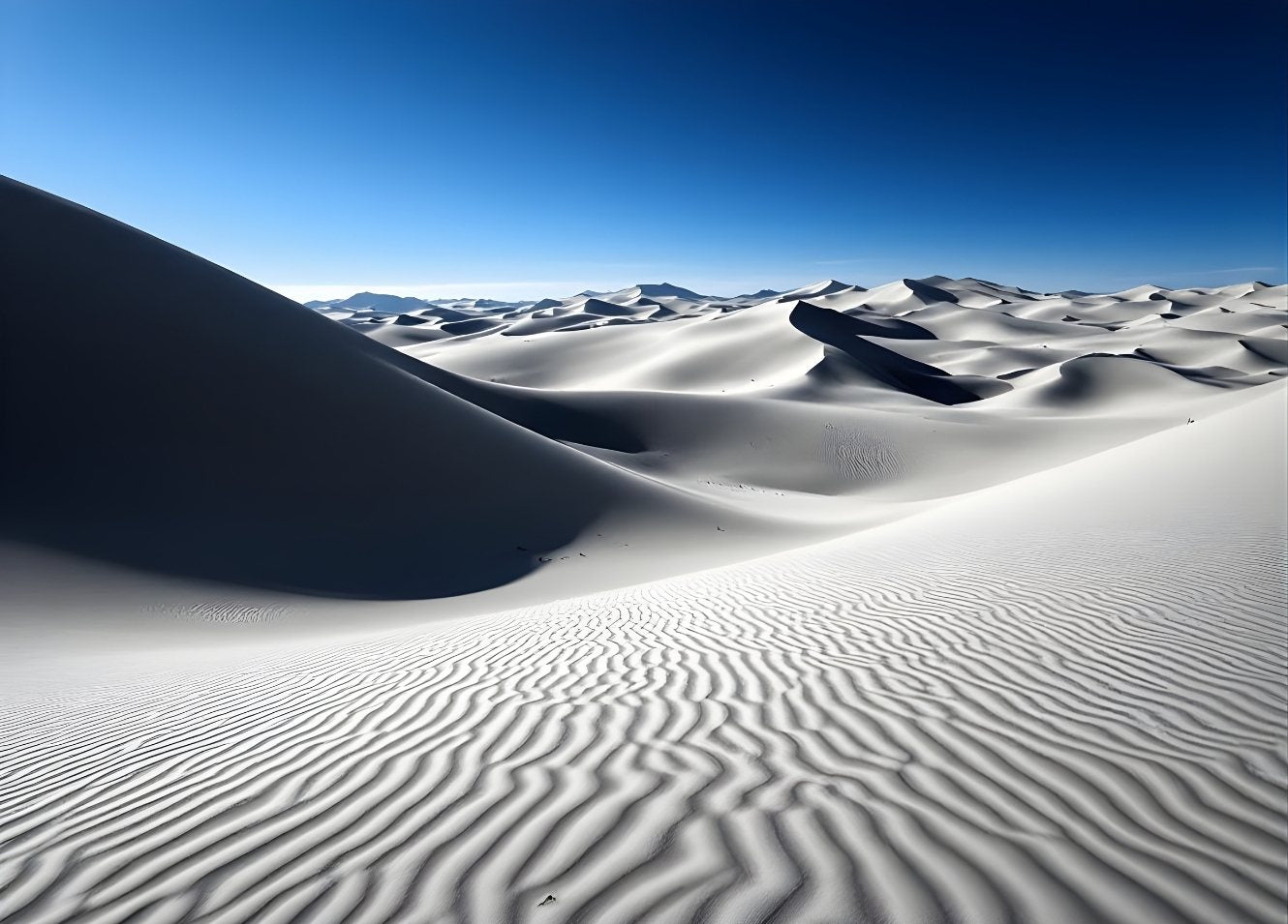 Paysage désert dunes sable texture ondulée lumière naturelle ciel bleu profond
