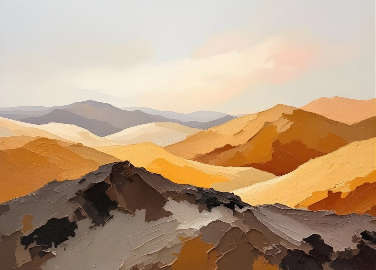 Tableau moderne paysage désert ocre figuration expressive texture épaisse
