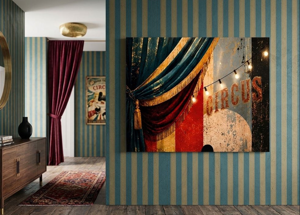 Décoration murale inspirée des affiches de cirque d'autrefois mêlant chapiteau, lumière de spectacle, velours et esprit cabaret dans un style Circus Chic raffiné.
