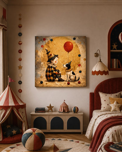 Illustration poétique inspirée de l'univers du cirque avec ballons, costume d'Arlequin et ambiance rétro parfaite pour une chambre d'enfant.
