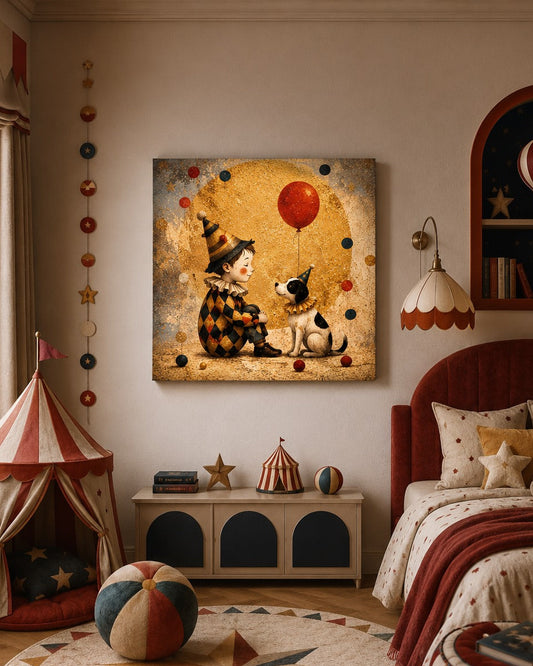 Illustration poétique inspirée de l'univers du cirque avec ballons, costume d'Arlequin et ambiance rétro parfaite pour une chambre d'enfant.
