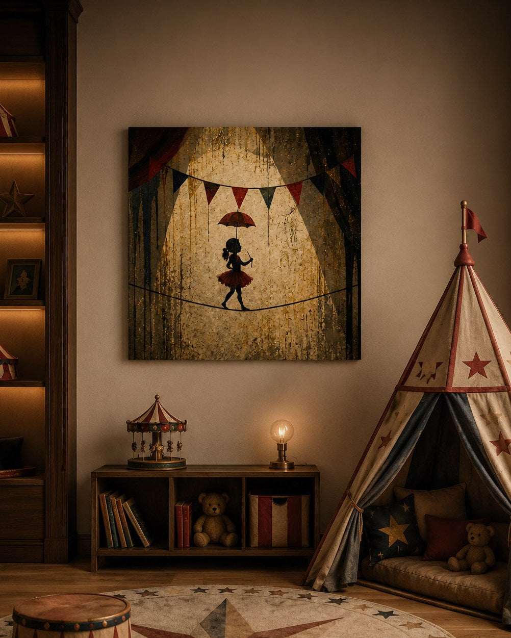 Décoration murale Circus Chic représentant une jeune funambule en équilibre sur un fil dans une ambiance théâtrale vintage, parfaite pour une chambre d'enfant élégante et inspirante.
