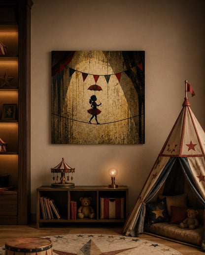 Décoration murale Circus Chic représentant une jeune funambule en équilibre sur un fil dans une ambiance théâtrale vintage, parfaite pour une chambre d'enfant élégante et inspirante.
