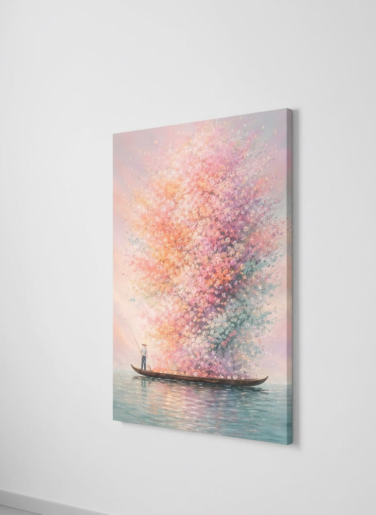 Détail du tableau zen avec nuage floral pastel et textures délicates
