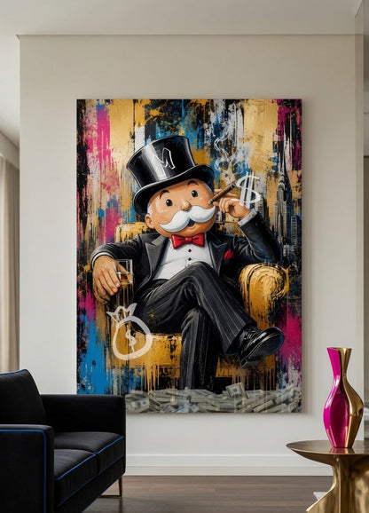 Création artistique mêlant le célèbre personnage du Monopoly, l'univers de la finance, les codes du street art, les coulures de peinture et une composition graphique dynamique idéale pour un salon, un bureau ou une salle de jeux.

