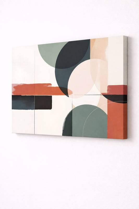 Détail du tableau abstrait : textures douces, contrastes terracotta, noir et vert sauge
