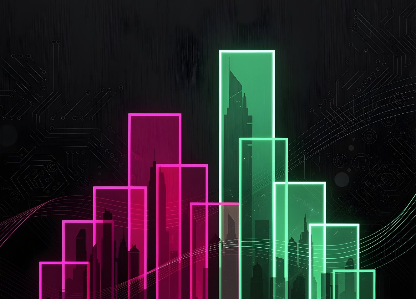 Tableau moderne skyline neon vert et rose
