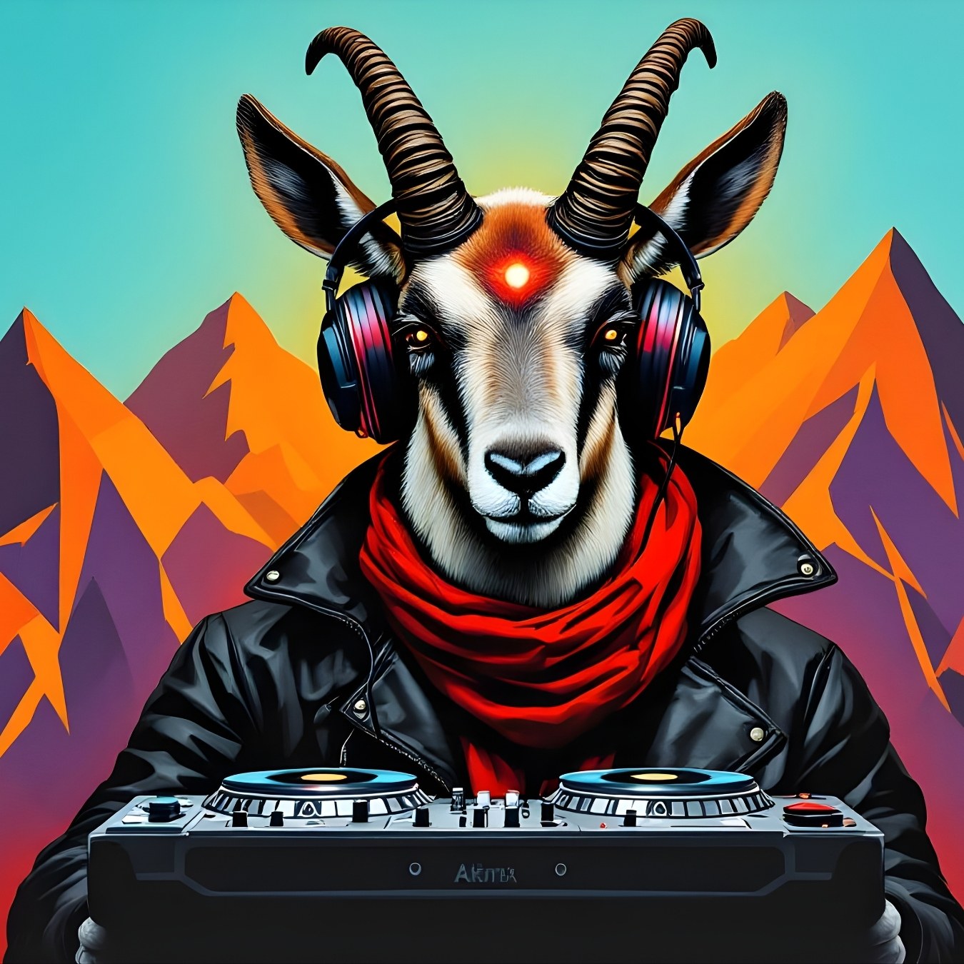 Tableau animal revisité représentant une chèvre DJ moderne
