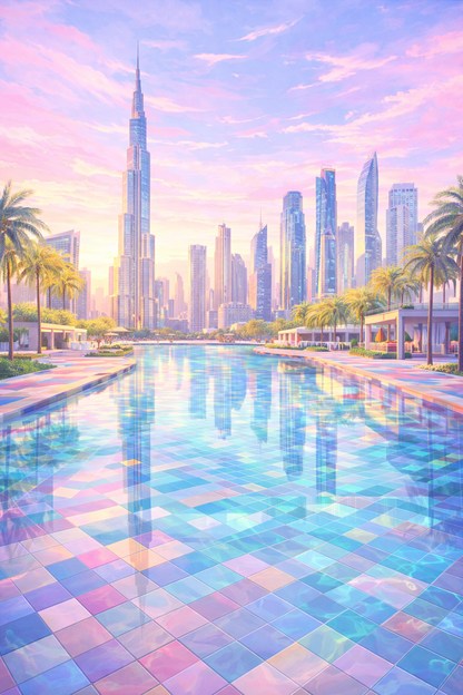 Illustration skyline Dubaï avec Burj Khalifa couleurs pastel piscine turquoise architecture futuriste
