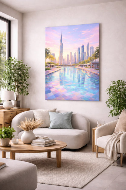 Illustration skyline Dubaï Burj Khalifa accrochée dans salon moderne décoration murale voyage
