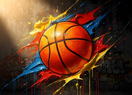 Ballon de basket street art, éclaboussures colorées – Dunk Chromatique
