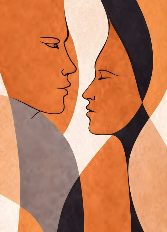 Tableau minimaliste duo visages lignes épurées tons terracotta beige noir décoration murale contemporaine exclusive
