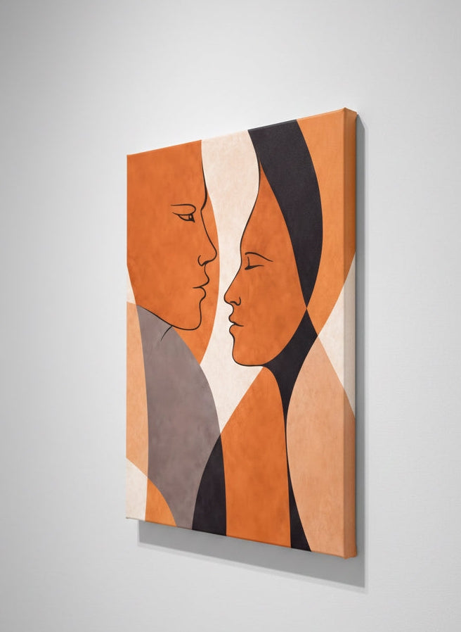 Vue de profil toile duo visages minimaliste sur châssis impression haute qualité style design contemporain
