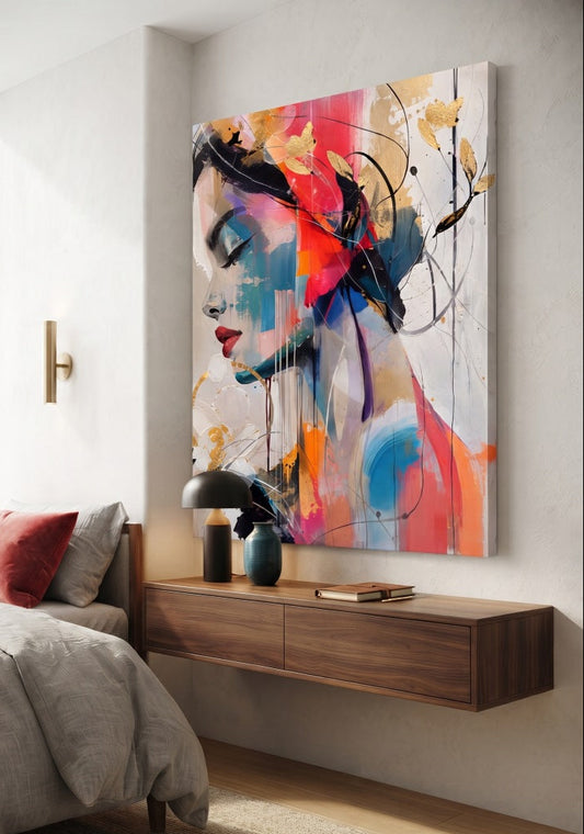 Portrait féminin coloré Éclat Intérieur présenté dans un intérieur contemporain
