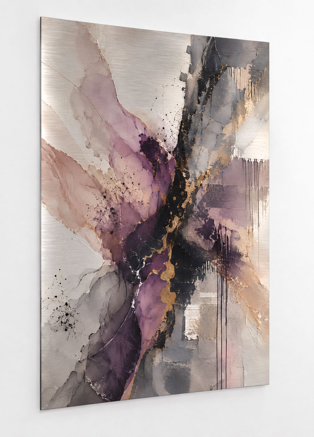 Impression Éclat Minéral sur aluminium, tableau abstrait prune beige et doré
