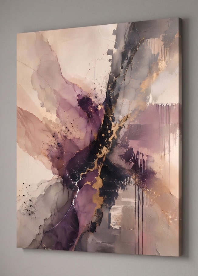 Impression sur toile Éclat Minéral aux nuances beige, prune, noir et or
