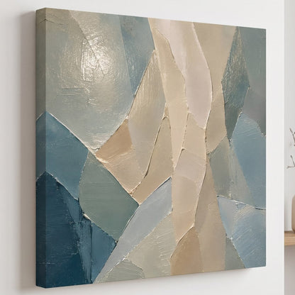 Tableau texturé bleu, sable et blanc cassé Éclats Minéraux en vue rapprochée

