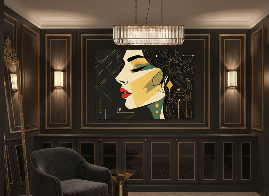 noir et or portrait mural moderne ambiance salon minimaliste chic décoration intérieure sophistiquée
