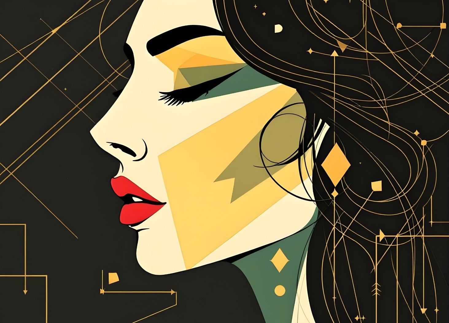 profil féminin géométrique art déco noir profond vert forêt lignes dorées abstraites composition minimaliste élégante
