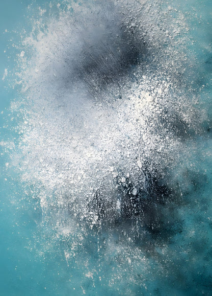 Tableau moderne abstrait bleu projection matière blanche style océan contemporain
