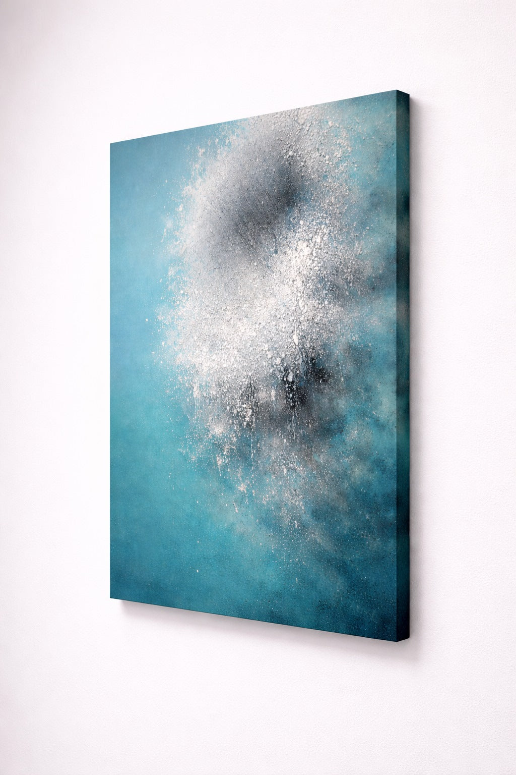 Tableau contemporain design texture minérale nuances turquoise et gris profond
