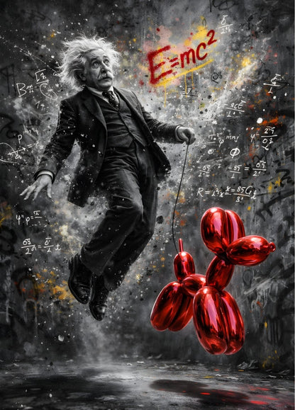 Tableau moderne Einstein en lévitation avec ballon rouge brillant dans un univers street art contemporain
