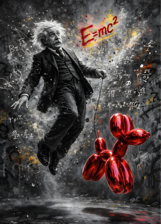 Tableau moderne Einstein en lévitation avec ballon rouge brillant dans un univers street art contemporain
