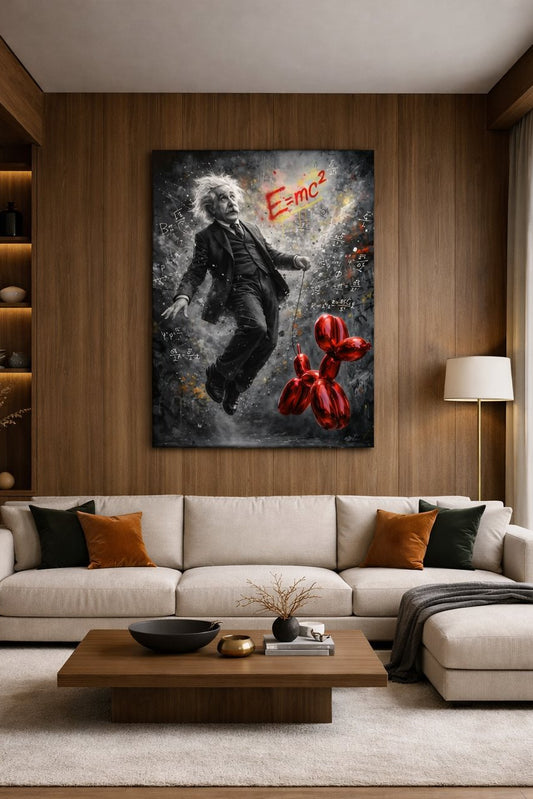 Tableau Einstein street art ballon rouge mis en scène dans un salon moderne et design
