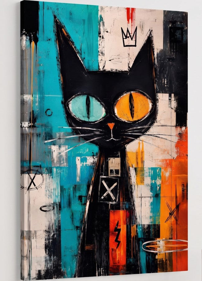 Tableau chat coloré Electric Cat présenté dans un intérieur contemporain
