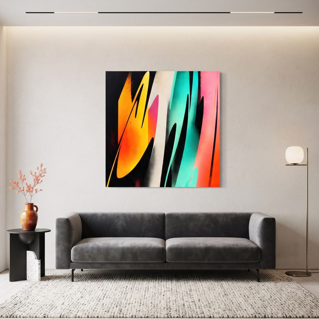 Tableau coloré moderne aux grands mouvements graphiques
