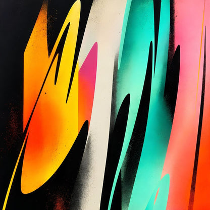 Tableau abstrait coloré aux formes fluides sur fond noir
