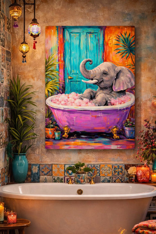 Tableau mural éléphant intégré dans salon bohème chic décoration murale colorée moderne
