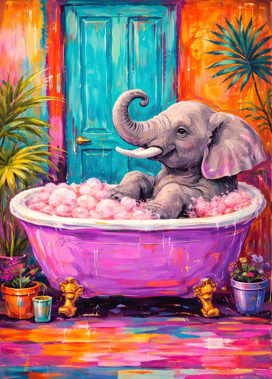 Tableau moderne éléphant dans baignoire rose décor coloré ambiance pop art création exclusive Iconik-Art
