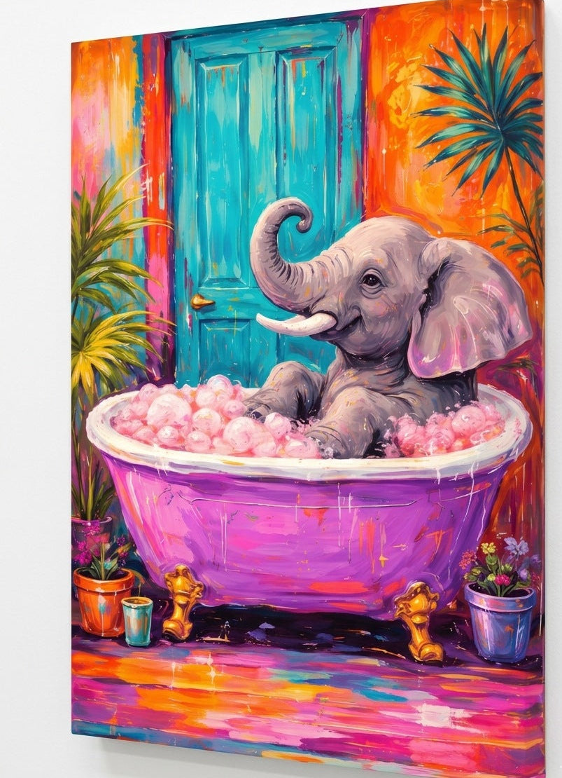 Tableau mural éléphant intégré dans salon bohème chic décoration murale colorée moderne
