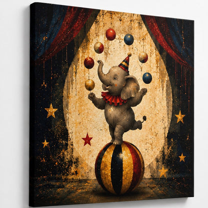 Gros plan sur un éléphant de cirque portant un chapeau de fête et jonglant devant un décor de chapiteau aux textures rétro pour une décoration murale enfant pleine de poésie.
