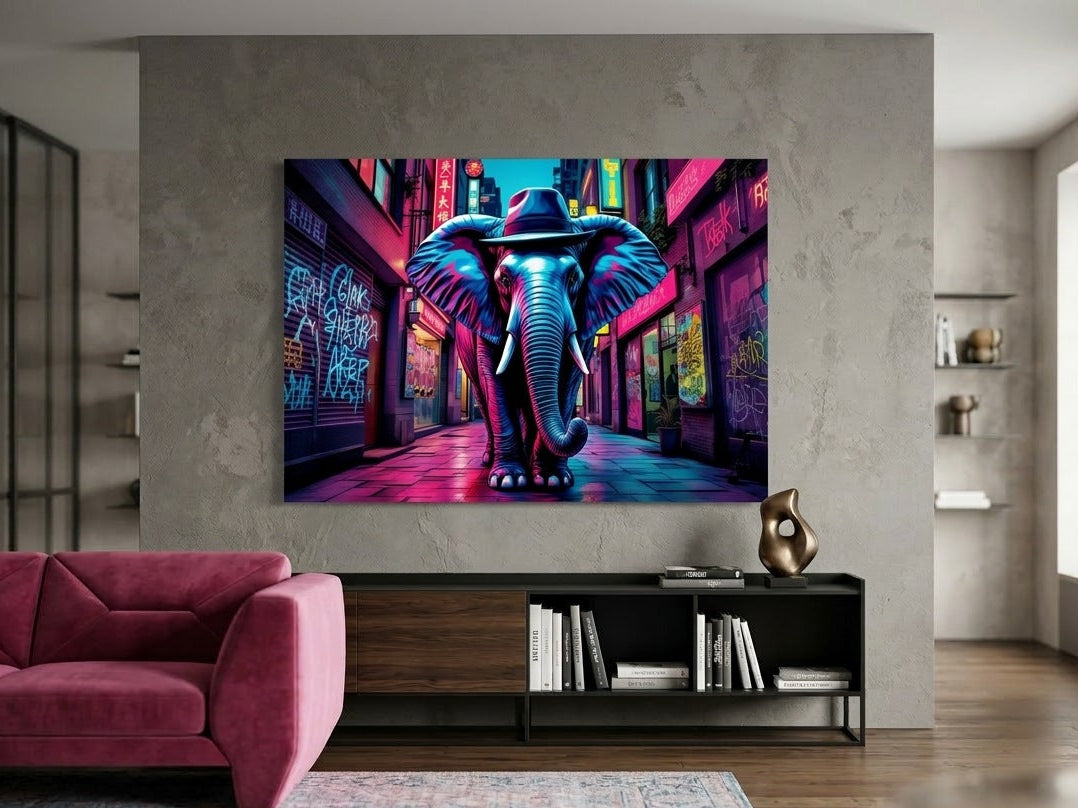 Tableau éléphant urbain accroché dans salon moderne ambiance street art néon design
