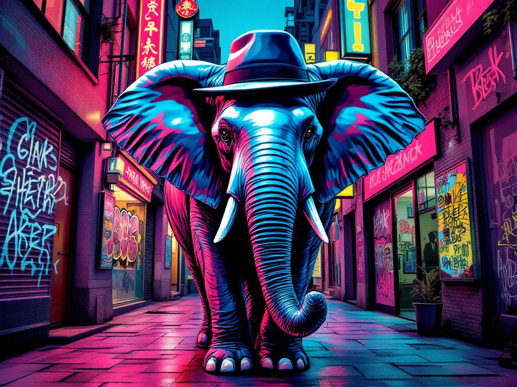 Tableau éléphant style street art néon couleurs vives ambiance urbaine contemporaine
