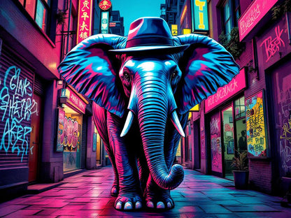 Tableau éléphant style street art néon couleurs vives ambiance urbaine contemporaine
