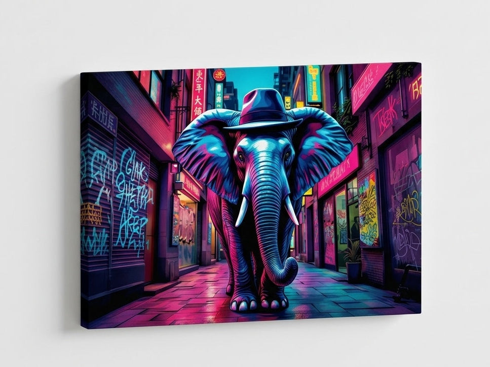 Vue profil tableau éléphant sur toile châssis bois rendu galerie moderne
