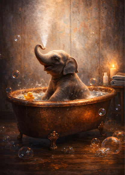 Tableau éléphanteau dans baignoire vintage ambiance chaleureuse
