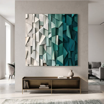 Œuvre graphique vert émeraude présentée dans un intérieur contemporain
