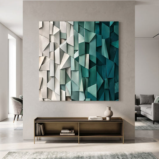 Œuvre graphique vert émeraude présentée dans un intérieur contemporain
