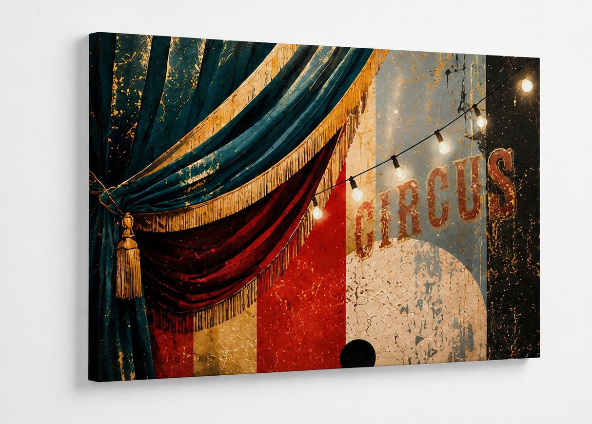 Ambiance de théâtre et de cirque rétro avec rideaux à franges, éclairage chaleureux, textures anciennes et esthétique vintage idéale pour une décoration murale originale.
