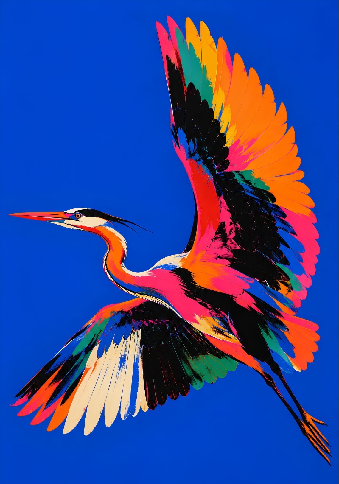 Tableau oiseau coloré représentant un héron multicolore en plein vol
