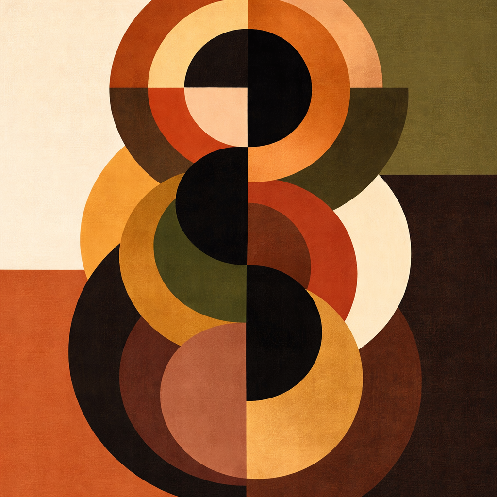 Tableau abstrait géométrique aux formes circulaires et palette chaleureuse
