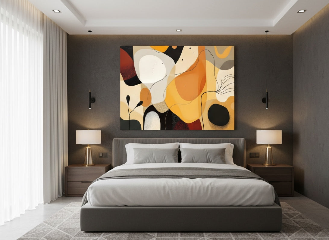Tableau abstrait contemporain accroché dans un salon moderne, décoration murale design aux tons chauds et formes organiques.
